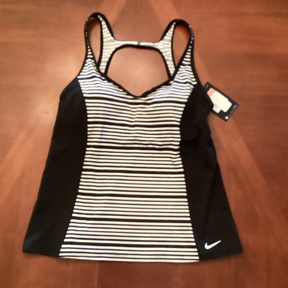 Nike Black & White Striped Racerback swimtop